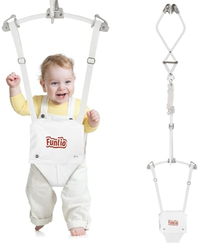 FUNLIO Baby Türhopser für 6–24 Monate (mit Türklemme), Baby-Türwippe mit starker Feder/verstellbarem Riemen, Tragfähigkeit 18 kg, einfach zu montieren und zu lagern - Weiß