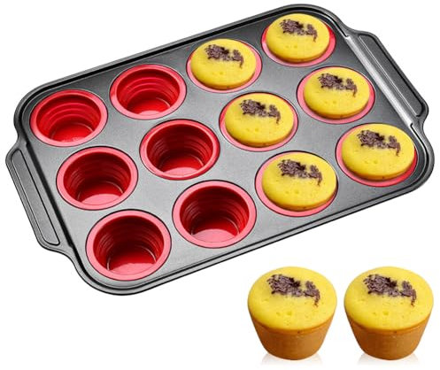 Silicone Muffin Pan, 12 Cup Non-Stick Mini Cupcake Pan with Metal Reinforced Frame Cupcake Baking Pan Easy Release, Muffin Trays for Baking Muffins, Cupcakes, Egg Bites