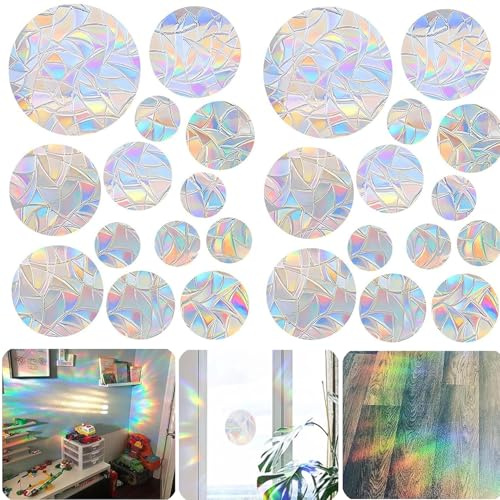 Jushion Prisma Fensteraufkleber, 26 Runden Suncatcher Sticker, Sonnenfänger Vogel Anti Kollisions Fenster Aufkleber, Vogelschutz für Glasscheiben Gegen Kollision, Fensteraufkleber Vögel Anti Kollision