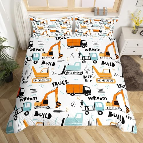 Feelyou Kids Cartoon Excavator Bedding Set Boys Vehicles Truck Car Comforter Cover Child Cute Building Equipment Duvet Cover Funny Construction Transport Bed Set Colorful Toddler Size-No Comforter