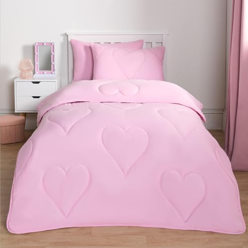 OHS Single Coverless Duvet 7.5 Tog, Reversible Washable Quilted Duvet Coverless Valentines Day Gifts Super Soft Warm Comfy Single Camping Duvet, Pink - Hearts