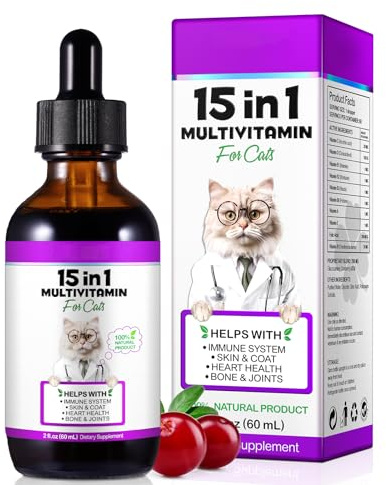 Cat Vitamins 15-in-1 Multivitamine Cat Liquid Supplements – Unterstützung von Haut und Fell, Herzgesundheit, Knochen und Gelenke, Immungesundheit, 60 ml