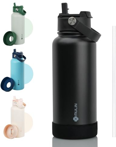 MU LIN borraccia termica 1 litro, borraccia con cannuccia, borraccia sportiva alluminio,thermos grande per bere di piu,Adatto a casa, ufficio, campeggio, palestra/Nero