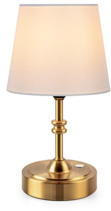 ONEWISH Small Cordless Lamp Dimmable-Battery Operated Table lamp, 4000mAh Rechargeable, Touch Bedside Lamp with White Fabric Shade, 2700K Bulb Included, for Dining, Patio, Bathroom(Gold)