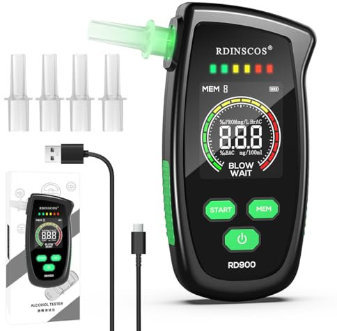 RDINSCOS Etilometro Portatile,Alcol Test con Display LCD Digitale,Alcoltest Professionale Precisione di Grado con 5 Bocchini per Uso Domestico e Feste