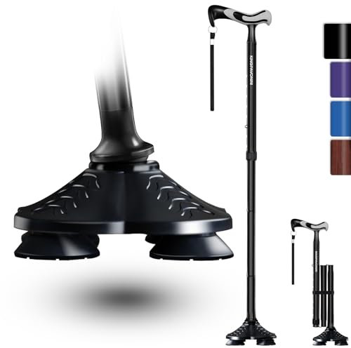 KingPavonini Walking Stick for Men Women Stability, Free Standing Folding Walking Canes, Ergonomic Handle Pivoting Quad Base, Heavy Duty 159kg, Adjustable for Seniors Balance with Travel Bag