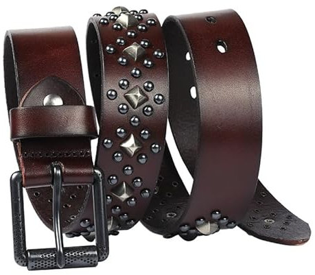 Nietengürtel Herren Damen, Punk Rock Accessoires, Rollschnalle, Vintage Western Gürtel Herren Studded Belt Für Jeans Pants Dresses, Herrengürtel,Braun,120CM/47.3''