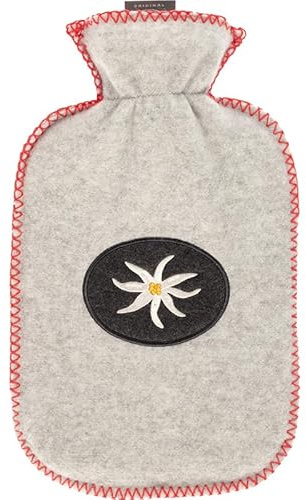 Fashy Bouillotte de 2,0 l avec housse en polaire, application Edelweiss, coutures décoratives en rouge