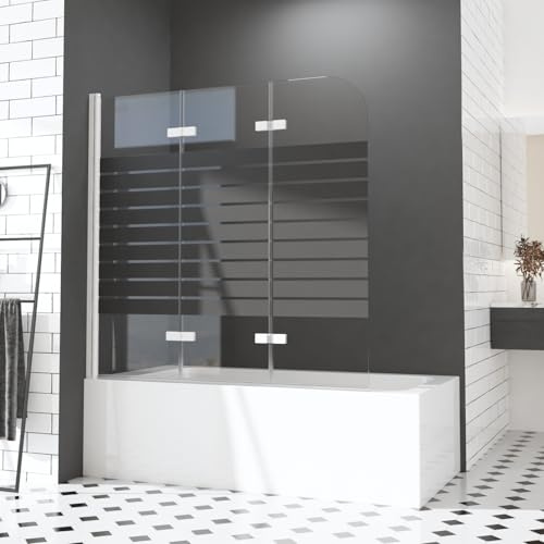 Duschwand für Badewannen 140 x 140 cm 3 teilig faltbar Duschabtrennung Sicherheitsglas hell Duschwand Duschabtrennung Nano Glas,Weißer Aluminiumrahmen mit Schwarzen Streifen