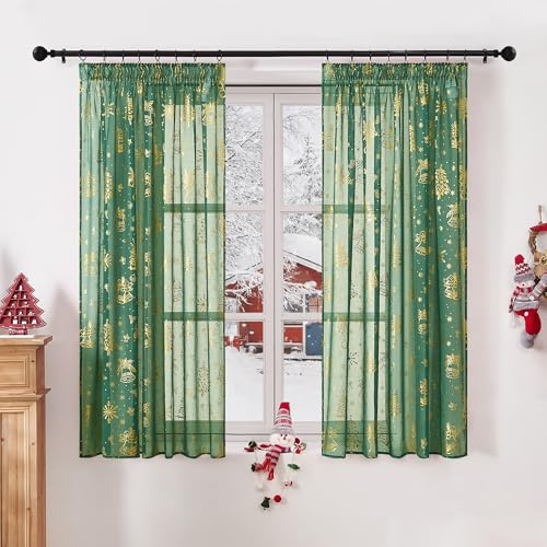 KGORGE Grüne Gardinen Weihnachten Kurz 160cm Hoch Schlafzimmer Weihnachtsvorhänge mit Kräuseband Weihnachtsdeko Vorhang Weihnachts Vorhänge Weihnachtsbaum Gardine, 2er Set H 160 x B 140 cm