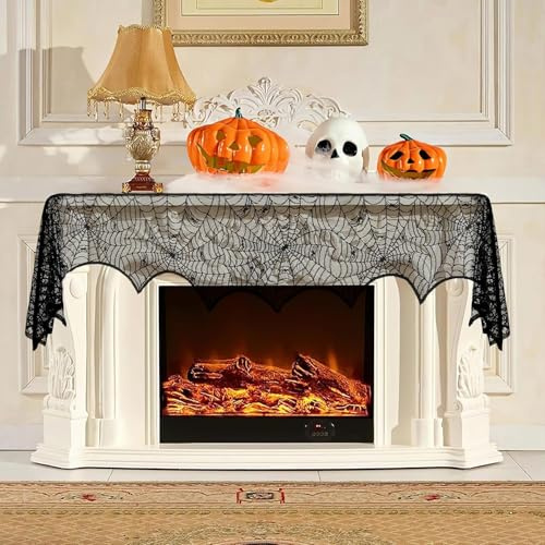 BUKYCAT Mantel de Halloween, Telarañas Decoracion Halloween, Camino de Mesa de Encaje con Telarañas, Mantel Redondo de Encaje, Cinta de Mesa Negra con Camino de Mesa de Encaj, Bufanda de Chimenea