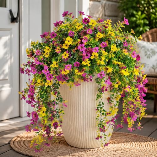 Aisamco 4 Flores Colgantes Exterior UV Resistente | Flores seda artificial, Eucalipto hojas, Para jardin, terraza, balcon, porche, Resistente rayos UV, Planta colgante falsa, D