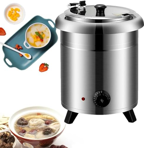 SGKOMN Olla sopera eléctrica Comercial de 10 L, 400 W, con Tapa, Control de Temperatura de 30 a 80 °C, Ideal para bufés y restaurantes., Stainless-Steel