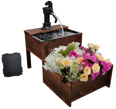 Outdoor Water Fountain，Floor Wooden Rectangular Double-Layer Old-Fashioned Pump Fountain with Flower Box，Solar-Powered Electric Decorative Hand Pump，Outdoor Water Feature for Garden Patio Backyard