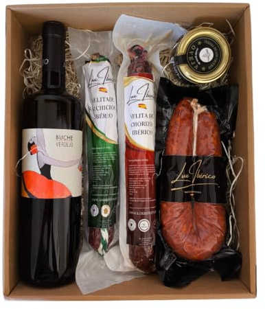 Cesta Gourmet Livia - Vino Blanco Verdejo, Embutido y Morcilla | Vino blanco Verdejo, velitas de chorizo y salchichón ibérico, morcilla patatera y crema de queso de oveja. Para regalar.
