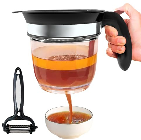 Fat Separator with Bottom Release, Gravy Separator with Oil Strainer for Cooking, Kitchen Gadgets-4 Cup Grease Separator with Sifter, Packaged with a 3-in-1 Multifunctional Peeler for potato (Red)