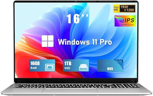 2025 Ordenador Portátil 16 Pulgadas 16GB RAM 1 TB M.2 SSD Expansión 1TB Portátil 4 Cores Celeron N95 hasta 3.4 GHz Win 11 Pro Laptop FHD 1920×1200 USB 3.0 BT 5.0 WIFI 5 Mini-HD Teclado Retroiluminado