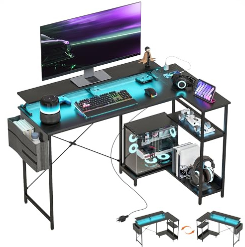 HOMCOM 58 L Shaped Gaming Desk with Power Outlets and LED Lights, Reversible Computer Desk with Monitor Stand, Fabric Storage Bag, Cable Management, for Home Office, Black