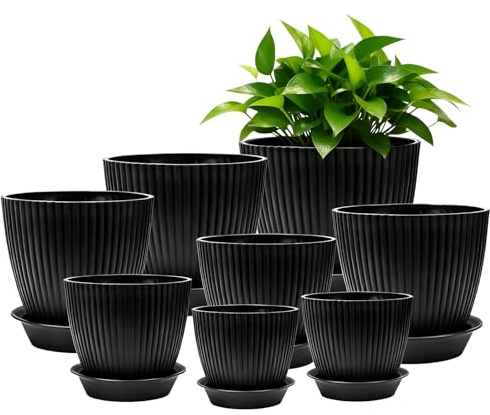 GOEDCH Set di 8 vasi: vaso in plastica di alta qualità con sottovaso, vaso in plastica resistente, design minimalista per la decorazione della casa e dell'ufficio