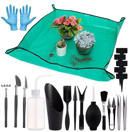 Gartengeräte-Set – mit wasserfester Erde-Grabmatte, Werkzeugen zum Umtopfen Pflanzen, Mischen Erde Gießen | Ideal für Haus Garten, zur Pflege Sukkulenten, Zierpflanzen, Bonsai