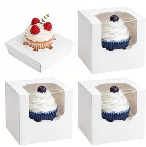 25PCS Cupcake Box Mit Fenster Cupcake Boxen mit Einsatz Muffin Transportbox für Keksboxen Karton Kuchenverpackung Box aus Papier für Cupcake Muffins Pralinen Kekse Party-Leckereien 8.9x8.9x8.9cm Weiße
