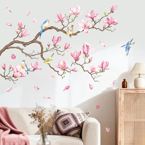 Supzone Wandtattoo Blumen Baum Wandaufkleber Rosa Magnolie Pflanze Vögel Wandsticker Wohnzimmer Schlafzimmer Sofa Hintergrund Wanddeko