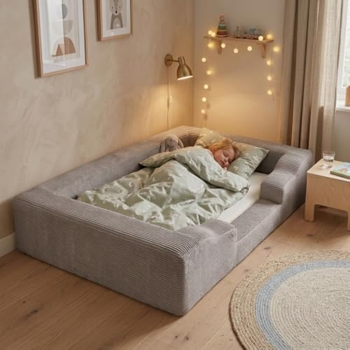 Wonder Space Schaumstoff Bodenbett für Kleinkinder - Weiches Kinderbett mit Abnehmbarem Cord-Bezug, Memory Foam Bettbasis für Kinder 1-5 Jahre, Passt auf Standard Matratze (Grau)