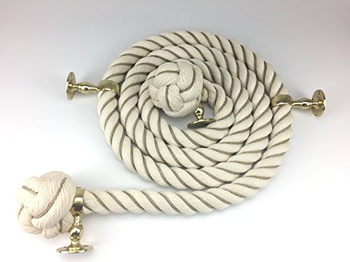 Natural Cotton Wormed Bannister Ropes, C/W 4 Polished Brass Handrail Brackets Choose Diameter and Length - RopeServices UK (28mm, 10 Foot)