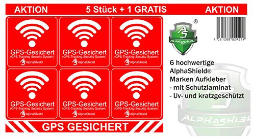 AlphaShield 6 Stück GPS Aufkleber Innen- oder Außenklebend Fahrrad Motorrad Baumaschinen Auto LKW Alarm Warnung Anti-Diebstahl Sticker Tracker gesichert R048 (Außenklebend)