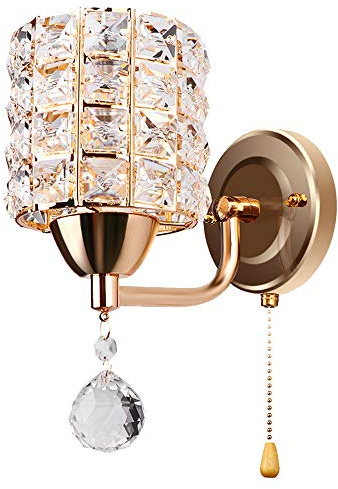 ALLOMN Moderne Wandleuchte, Kristall Pendelleuchte Schlafzimmer Gang Wohnzimmer Wandleuchte mit Leistung Ziehen Schalter E14 Steckdose (keine Lampe Enthalten) (Golden, 1 PCS)