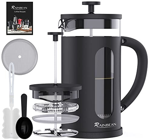 RAINBEAN French Coffee Press Cafeteria, 8 Cup Cafetiere Maker with Stainless Steel Plunger Double Walled Heat Resistant Borosilicate Glass, 1000ml / 34 oz, Black