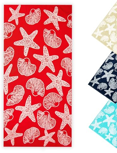 ZOLLNER Telo mare - asciugamano da spiaggia morbido e assorbente in 90x180 cm - lavabile a 60°C - cotone - Rosso - design marittimo con stelle e conchiglie - certificato OEKO TEX (R)