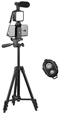 Andoer Phone Vlog Kit de vídeo con trípode ajustable en altura y soporte para teléfono con zapata fría, micrófono LED de vídeo para crear vídeos con la cámara del móvil