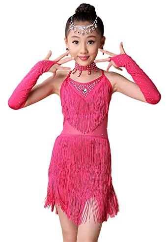 Maritown Chicas Lentejuelas Baile Latino Vestido de Borla Samba Tango Salsa Salsa Danza de Salón de Baile Disfraces de Baile para Niños de 3 a 15 Años (NO Incluye Decoración de Cabeza y Orejas)