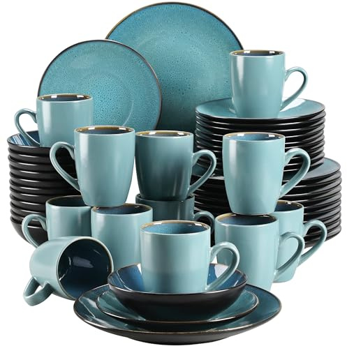 Tafelservice Steinzeug, vancasso 48-tlg. BUBBLE Kombiservice aus Steingut, inkl. Schalen, Tassen, Desserttellern & Speisetellern für 4/8/12 Personen
