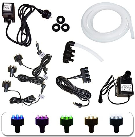 Köhko komplett Pumpe Set 1000L/H für Gartenbrunnen inkl. 3 LED-Beleuchtung (Blau), 3 wege Wasserverteiler, 4-fach Stromverteiler, Schlauch, 5m Verlängerungskabel, Tarfo und Schaumdichtung