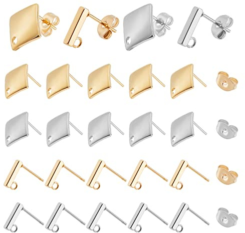 UNICRAFTALE 40 Stück 2 Stile 2 Farben Edelstahl Ohrstecker Hypoallergene Ohrringe Ohrstecker Rhombus Rechteckiger Ohrring Mit Schlaufe Und Ohrmuttern Für DIY Schmuckherstellung 1.5~1.8 mm Loch