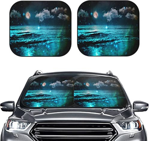 Auto Sonnenschutz Sonnenschutz Auto Frontscheibe Schwarze Faltbar Motiv Nachthimmel Meer Mond Auto Zubehör Sonnenschutz 2-teilig 74x60cm mit Aufbewahrungstasche Auto Scheibenabdeckung Sommer