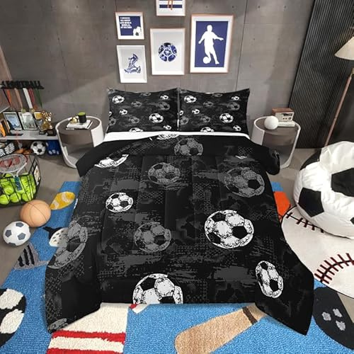 Erosebridal Football Bedding for Full Bed Soccer Comforter Sets for Boys Girls Ball Gamer Duvet Set Sport Themed Quilt Grey Black Grunge Comforter 3-Piece for Teens Bedroom Breathable Cozy Quilt Set