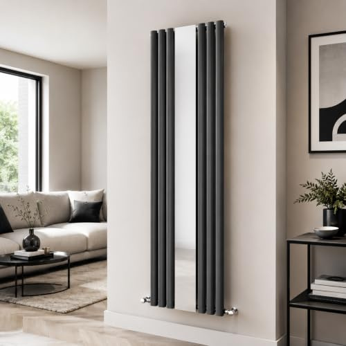 Go Bathrooms Tall Grey Vertical Radiator With Mirror 1800mm x 500mm Double Panel Radiator Anthracite Grey Oval Columns Tall Full Length Mirror Design Living Room Bedroom Central Heating |Gala