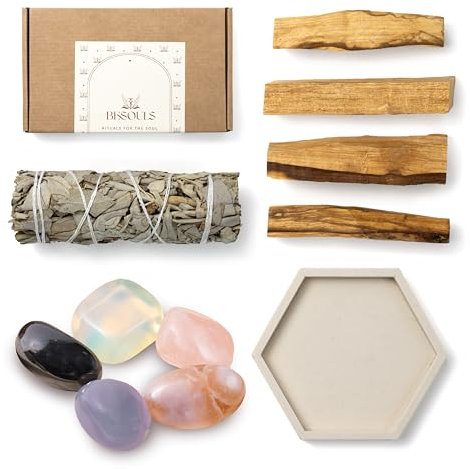 BESOULS Premium Räucherset hausreinigung Neue Anfänge: 4-6 Palo Santo Räucherholz 1 Weißer Salbei zum Räuchern 5 Steine Neubeginn Handgefertigtes Tablett QR mit digitalem Inhalt (Neue Anfänge)