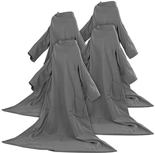 Wilson Gabor Decken: 4er-Set Fleece-Kuscheldecken, Ärmel, Mikrofaser, anthrazit, 150x200 cm (Kuscheldecke mit Ärmeln, Fleece-Decke, Hausanzug)