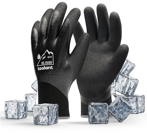 toolant Waterproof Gloves for Men and Women, Freezer Gloves with Grip, Double Nitrile Dipped for Extreme Oil Repellent, for Construction, Mechanics, Mining, Plumbing, Black, Medium