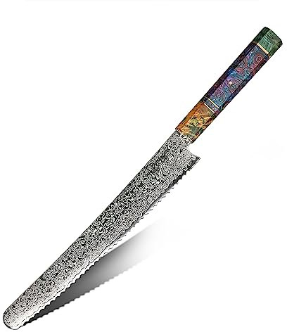 hajegato Damascus Chefs Knife Bread Slicer Unique One of Kind Handle Professional 10 Inch Japanese Chefs Kitchen Knife Vg10 67 Layers Damascus Steel Knive - Part of Chef Knife Set
