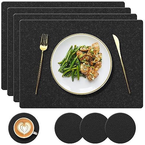 YUNJUER Silikon Platzset und Untersetzer 4er Set, Tischsets Hitzebeständig 230°C, rutschfest und wasserdicht, Dekoration Zubehör für Innen, Außen, Zuhause, Hotel, Restaurant, Esstisch, Schwarz