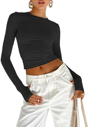 flintronic Y2K Haut Court à Manches Longues, T-Shirt Femme, Top Moulant Col Rond, Slim Fit Couleur Unie Basiques Chemises, Slim Fit Shirt Sexy Y2K Cropped