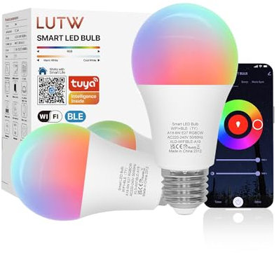 LUTW Smart Light Bulb, E27 Screw LED Bulb Colour Changing, Compatible with Amazon Alexa, Google Home, 9W 900lm RGBCW 2700K-6500K Bluetooth &WiFi 2.4GHz, Pack of 2 (No Hub Required)