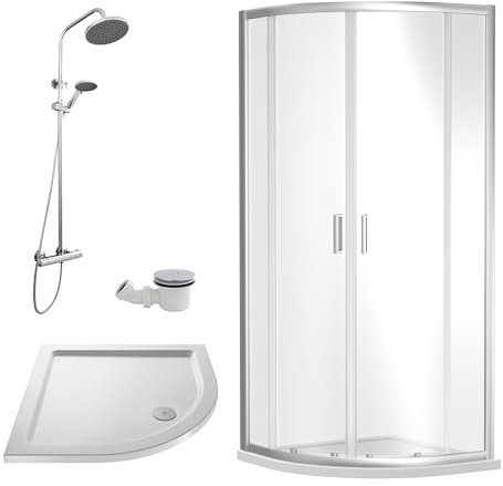 Balterley Quadrant Shower Enclosure with Quadrant Tray, Waste & Thermostatic Shower Kit, 6mm Toughened Safety Glass Door, Bar Handle Sliding Glass Door, Round Showerhead & Handset (Chrome)