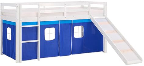 Homestyle4u 2564, Kinderhochbett Weiß 90x200cm Holz Kiefer Hochbett Blau Hochbett Spiel Rutsche Vorhang Leiter Lattenrost
