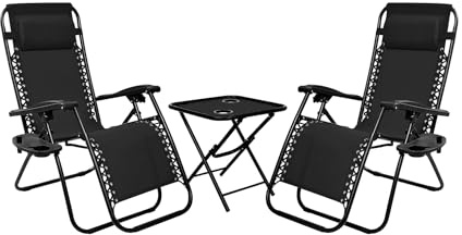 IlGruppone Set di 2 Sedie A Sdraio con Tavolino Zero Gravity Pieghevoli Schienale Regolabile da Esterno con Portabicchieri Poggiatesta Poltrona Sedia Relax Terrazzo Giardino - Set Nero
